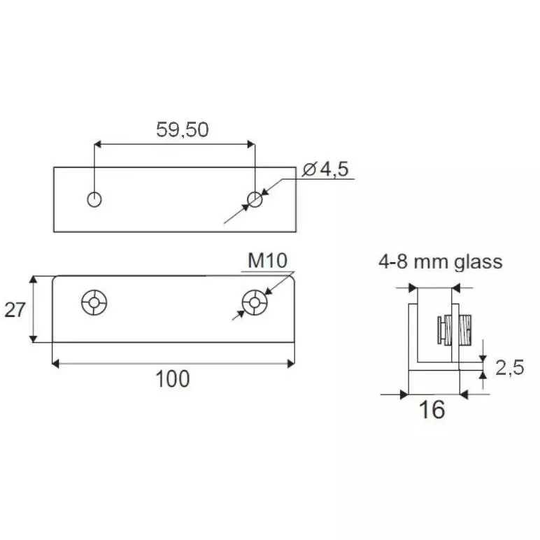Uchwyt półki szklanej Square XL 4-8mm aluminium