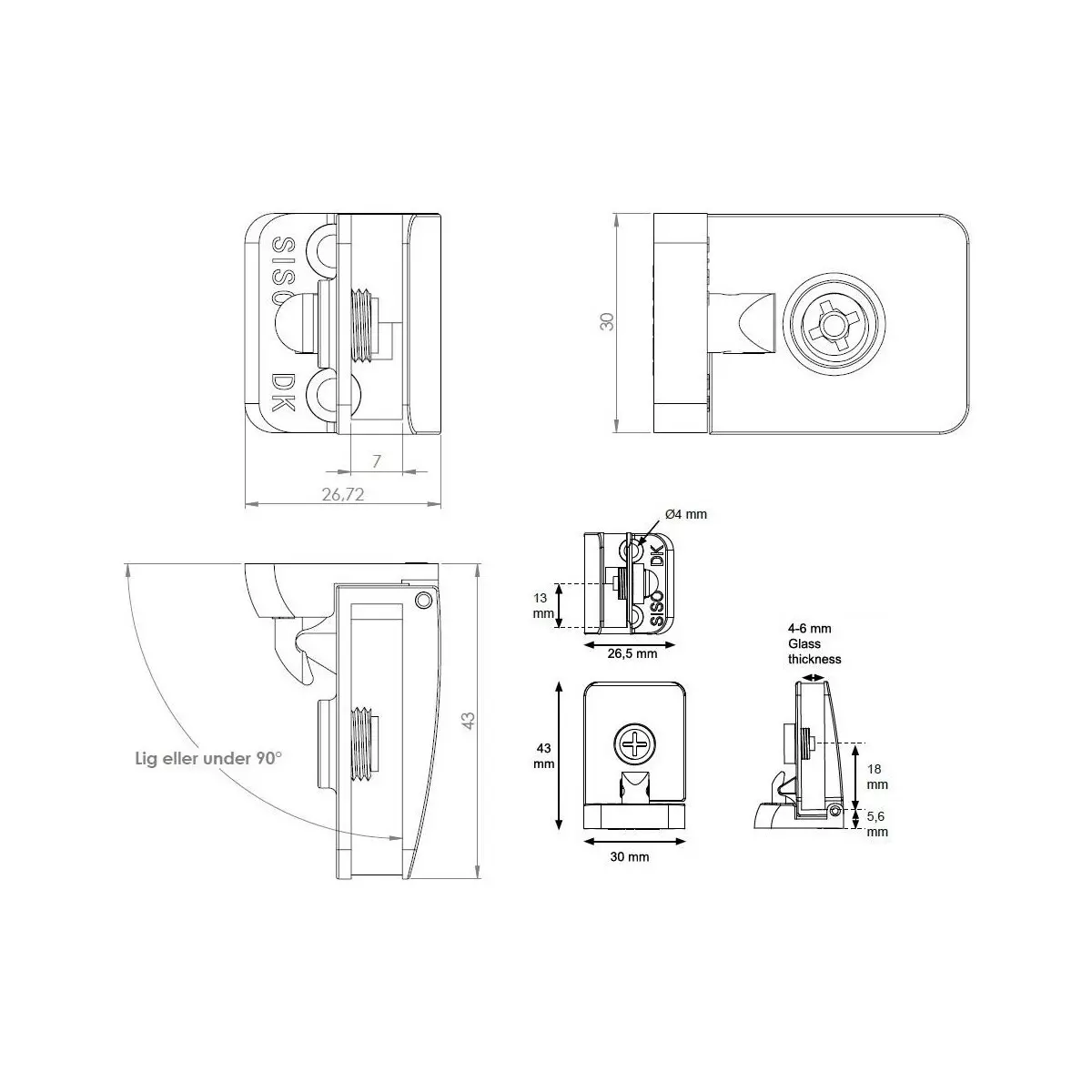 Zawias do drzwi szklanych 4-6mm przelotowy SQUARE krótki prowadnik lewy aluminium